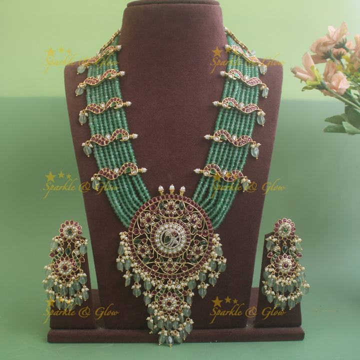 Grand Peacock Floral Jadau Rani Haram with Mintgreen beads