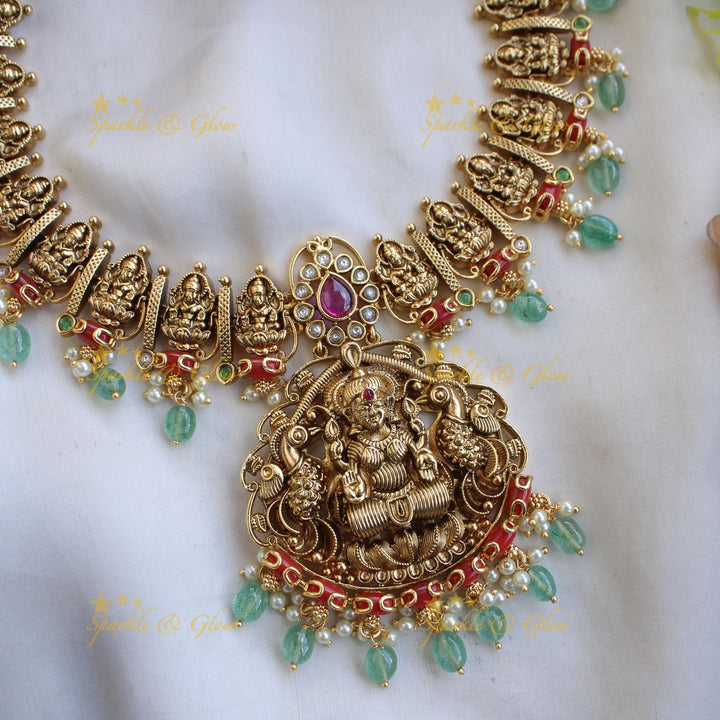Stunning Idol Lakshmi Peacock Floral carved Short necklace with Coral and Mintgreen beads
