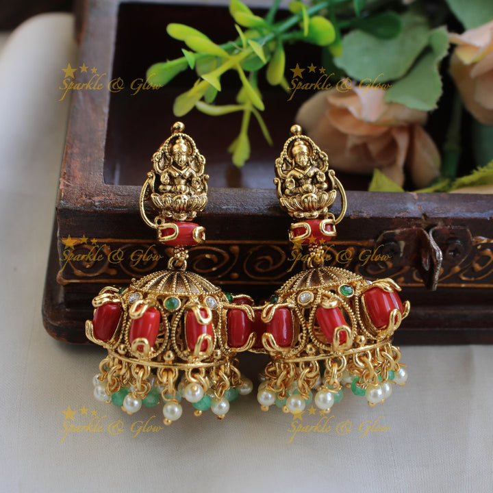 Stunning Idol Lakshmi Peacock Floral carved Short necklace with Coral and Mintgreen beads