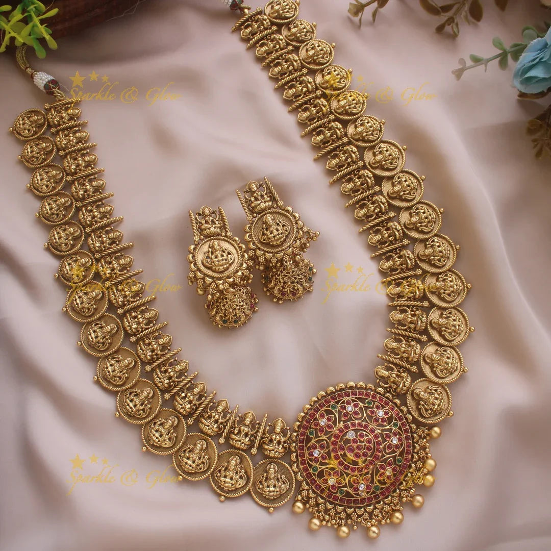 Elegant Idol Lakshmi Coin carved Kemp Peacock Haram - Sparkle and Glow