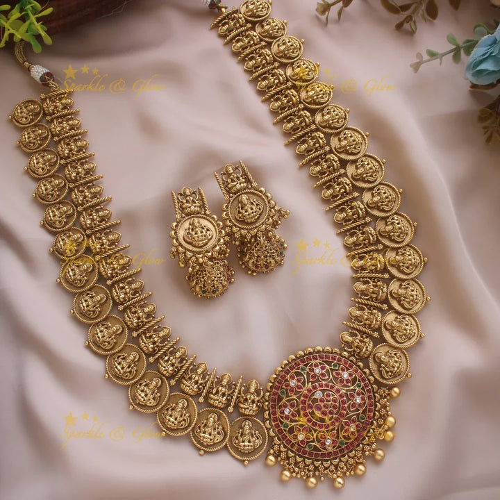 Elegant Idol Lakshmi Coin carved Kemp Peacock Haram - Sparkle and Glow