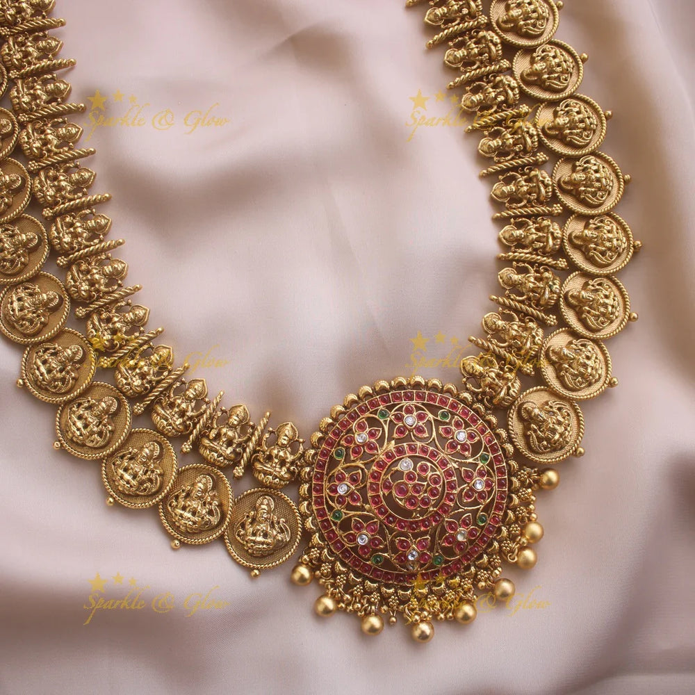 Elegant Idol Lakshmi Coin carved Kemp Peacock Haram - Sparkle and Glow