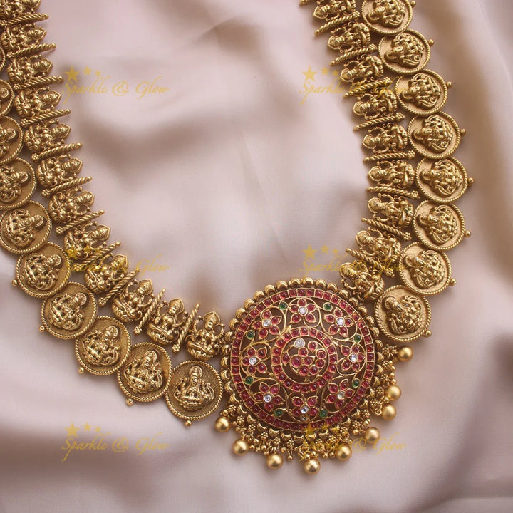 Elegant Idol Lakshmi Coin carved Kemp Peacock Haram - Sparkle and Glow
