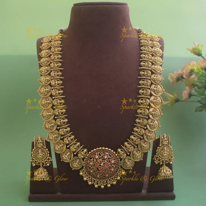 Elegant Idol Lakshmi Coin carved Kemp Peacock Haram - Sparkle and Glow