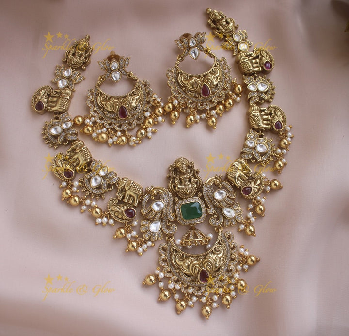 Intricately carved Idol Lakshmi Elephant Peacock Short necklace with Chandbali Earrings