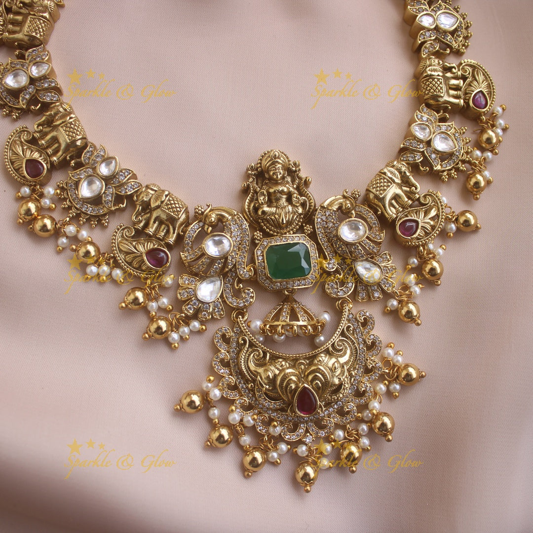 Intricately carved Idol Lakshmi Elephant Peacock Short necklace with Chandbali Earrings