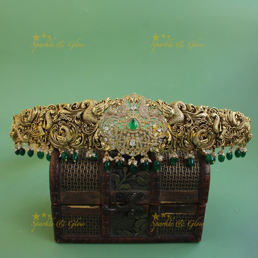 Stunning Peacock carved dual tone victorian AD hipbelt with emerald and beads