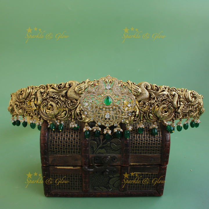 Stunning Peacock carved dual tone victorian AD hipbelt with emerald and beads