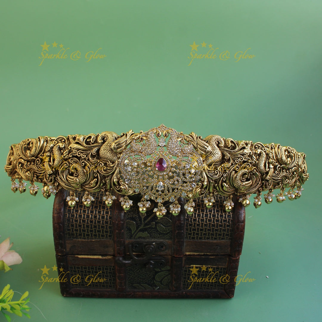 Stunning Peacock carved dual tone victorian AD hipbelt with emerald and beads