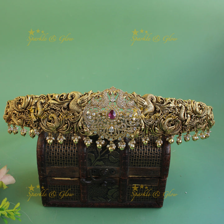 Stunning Peacock carved dual tone victorian AD hipbelt with emerald and beads