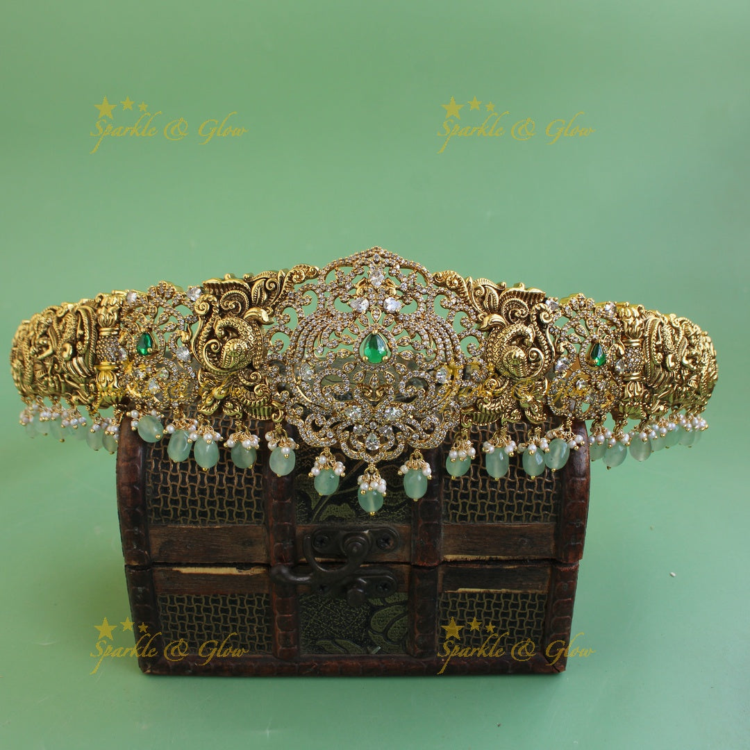 Exclusive Peacock floral design dual tone victorian AD hipbelt with emerald and mint green beads