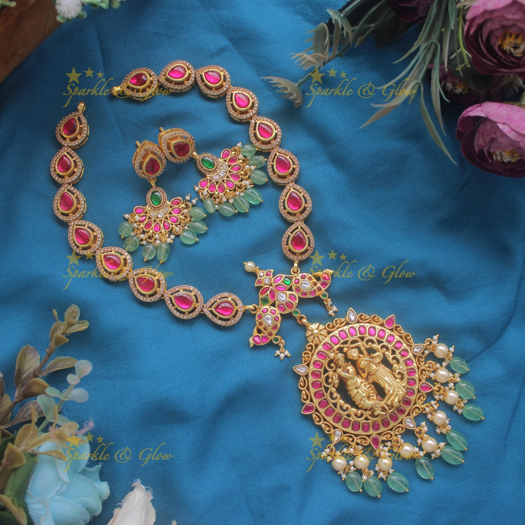 Gorgeous Radha Krishna carved pendant jadau short necklace with pearls and mint green beads