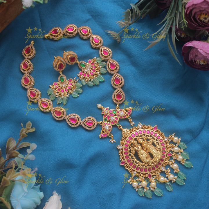 Gorgeous Radha Krishna carved pendant jadau short necklace with pearls and mint green beads