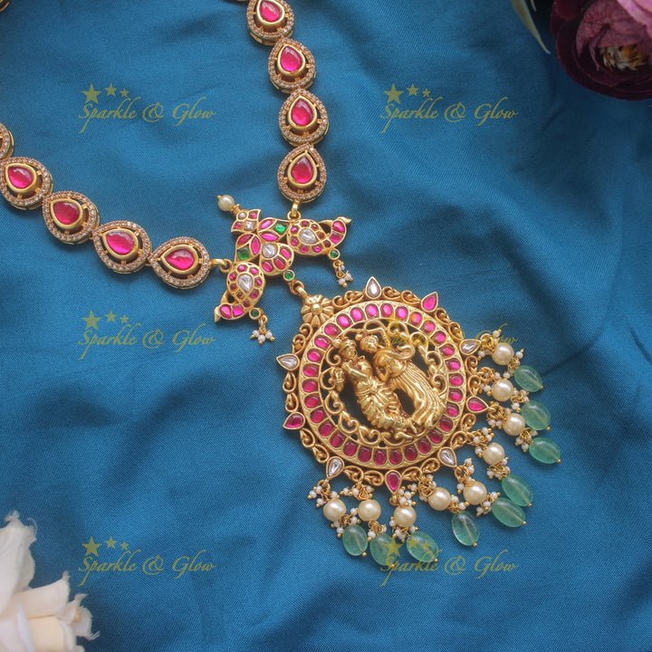 Gorgeous Radha Krishna carved pendant jadau short necklace with pearls and mint green beads