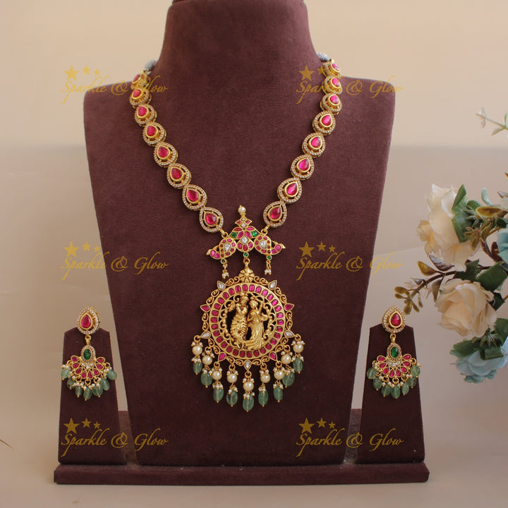 Gorgeous Radha Krishna carved pendant jadau short necklace with pearls and mint green beads
