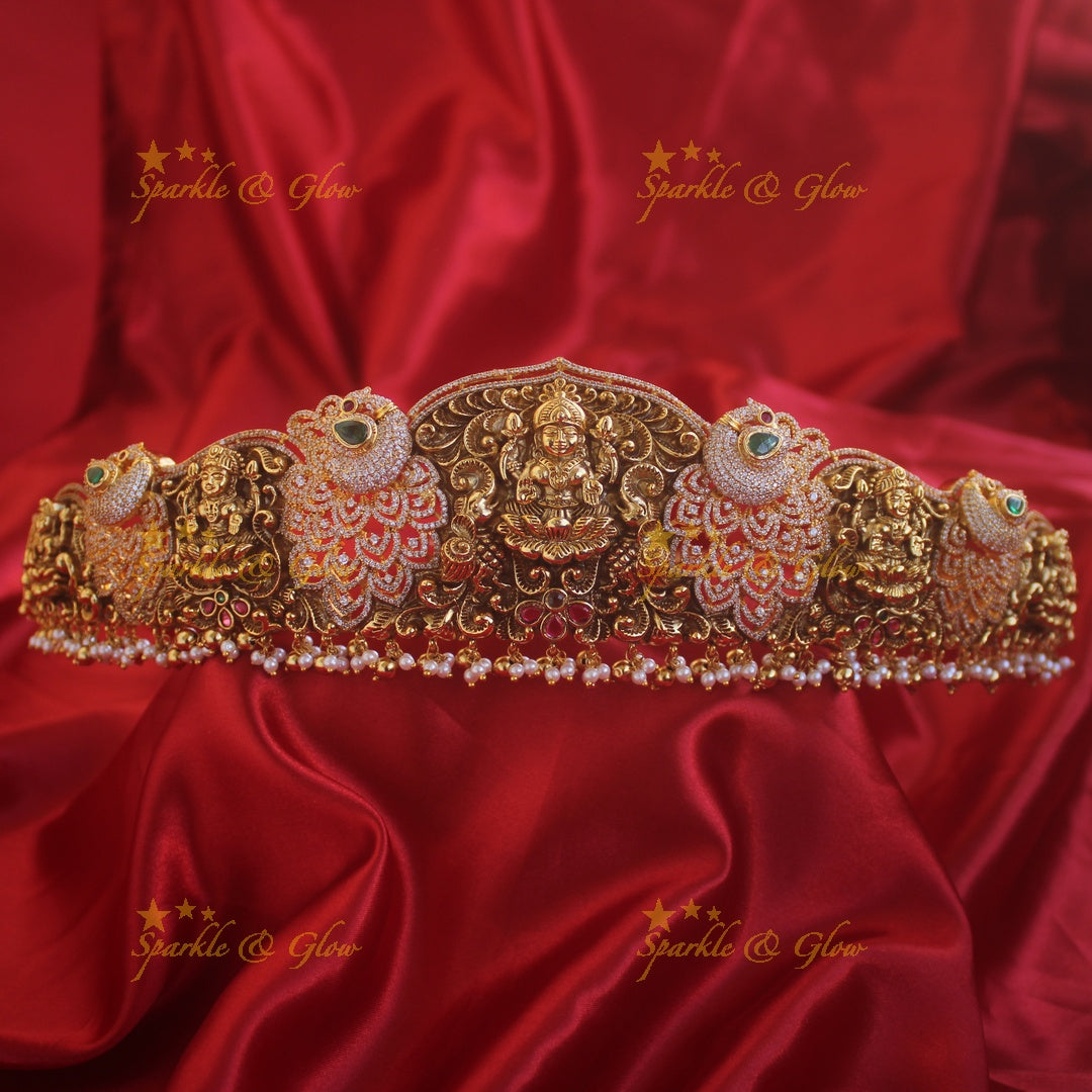 Stunning Lakshmi peacock carved hipbelt with CZ stone pearls and gold beads
