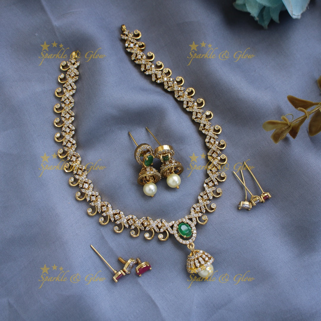 Beautiful unique design AD short necklace with multi colour interchangeable stones with jhumuka drop
