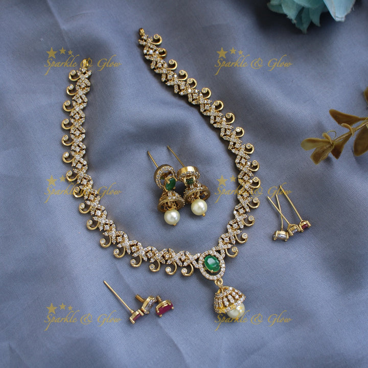 Beautiful unique design AD short necklace with multi colour interchangeable stones with jhumuka drop