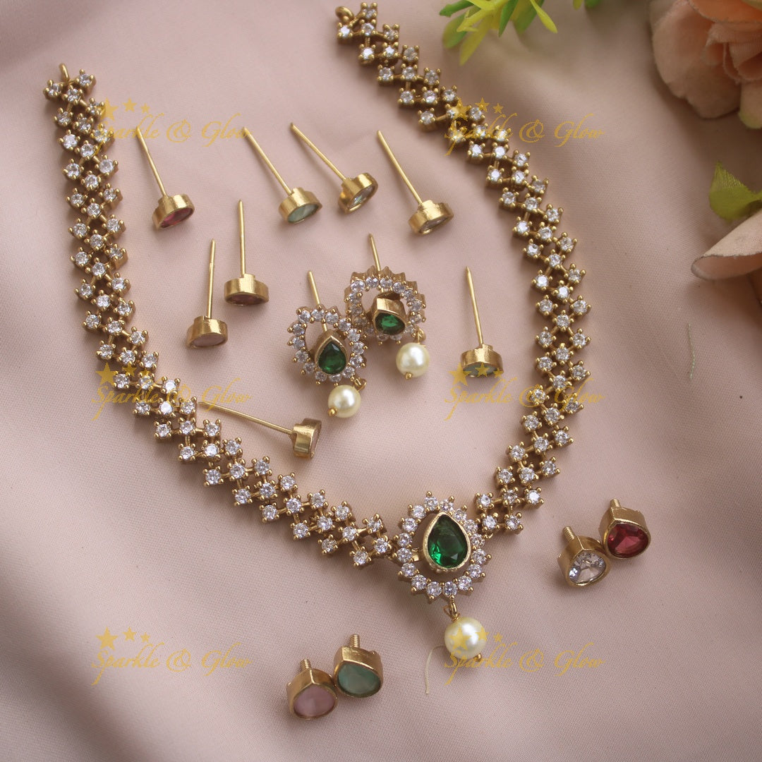 Elegant Leaf design AD short necklace with multi colour interchangeable stones with pearl drop
