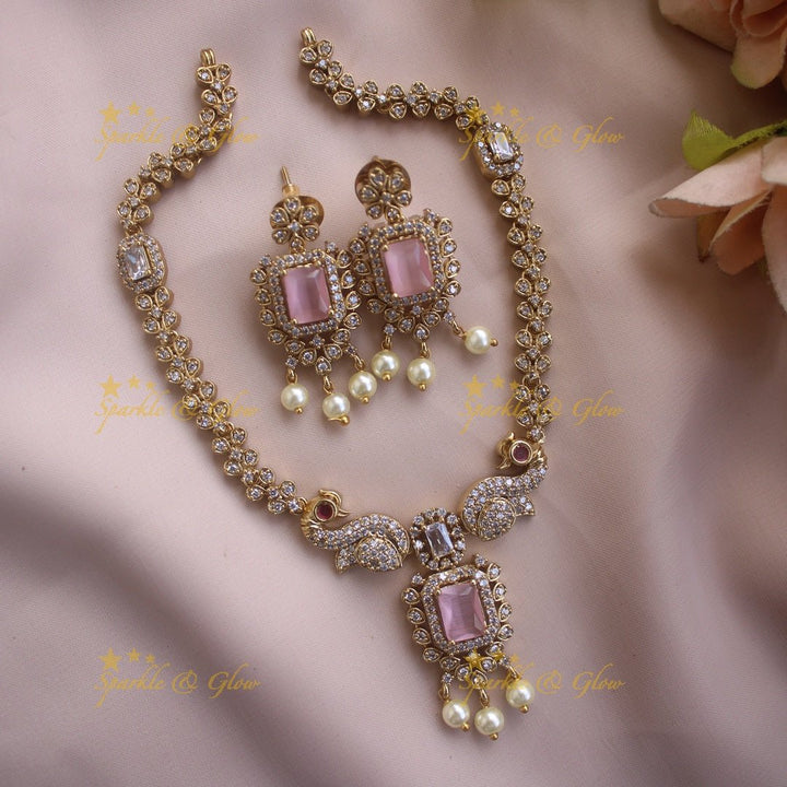 Statement Peacock floral design AD short necklace with pearl drops and baby pink stones - Sparkle and Glow - Purple - Back Thread