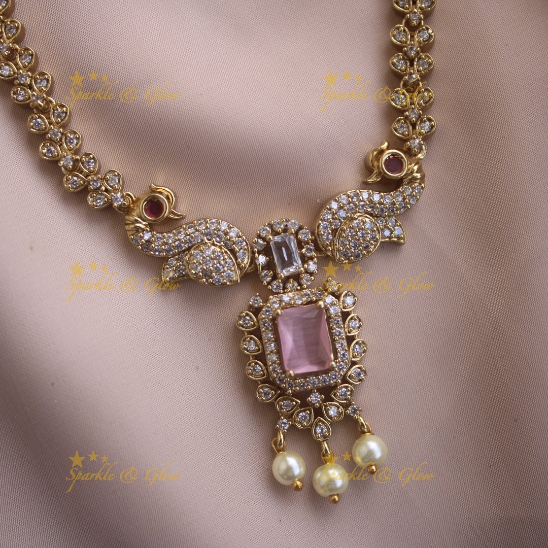 Statement Peacock floral design AD short necklace with pearl drops and baby pink stones - Sparkle and Glow - Babypink - Back Thread