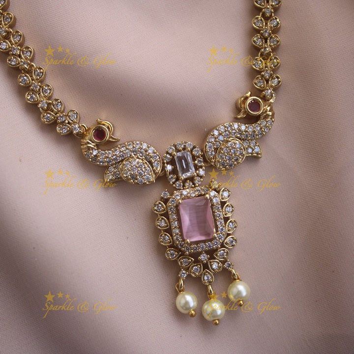 Statement Peacock floral design AD short necklace with pearl drops and baby pink stones - Sparkle and Glow - Babypink - Back Thread
