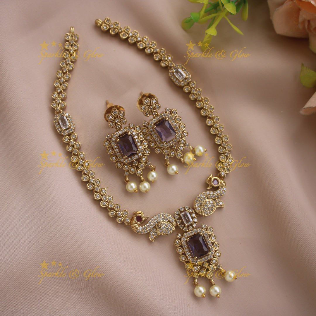 Statement Peacock floral design AD short necklace with pearl drops and baby pink stones - Sparkle and Glow - Babypink - Back Thread