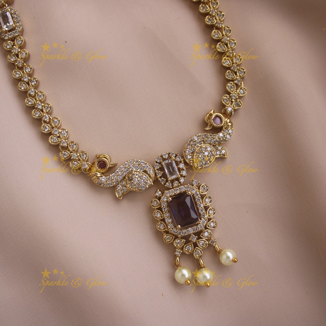 Statement Peacock floral design AD short necklace with pearl drops and baby pink stones - Sparkle and Glow - Babypink - Back Thread