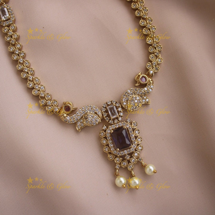 Statement Peacock floral design AD short necklace with pearl drops and baby pink stones - Sparkle and Glow - Babypink - Back Thread