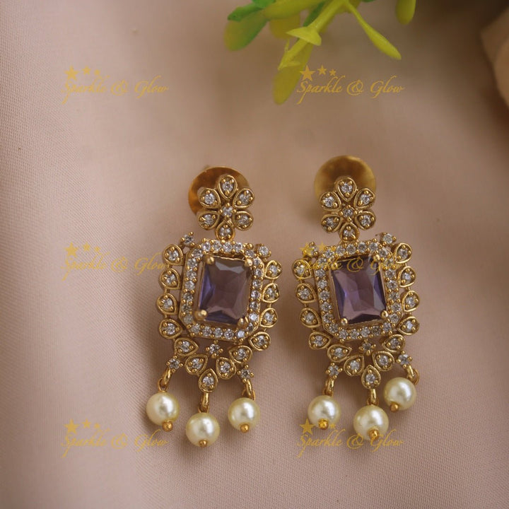Statement Peacock floral design AD short necklace with pearl drops and baby pink stones - Sparkle and Glow - Purple - Back Thread