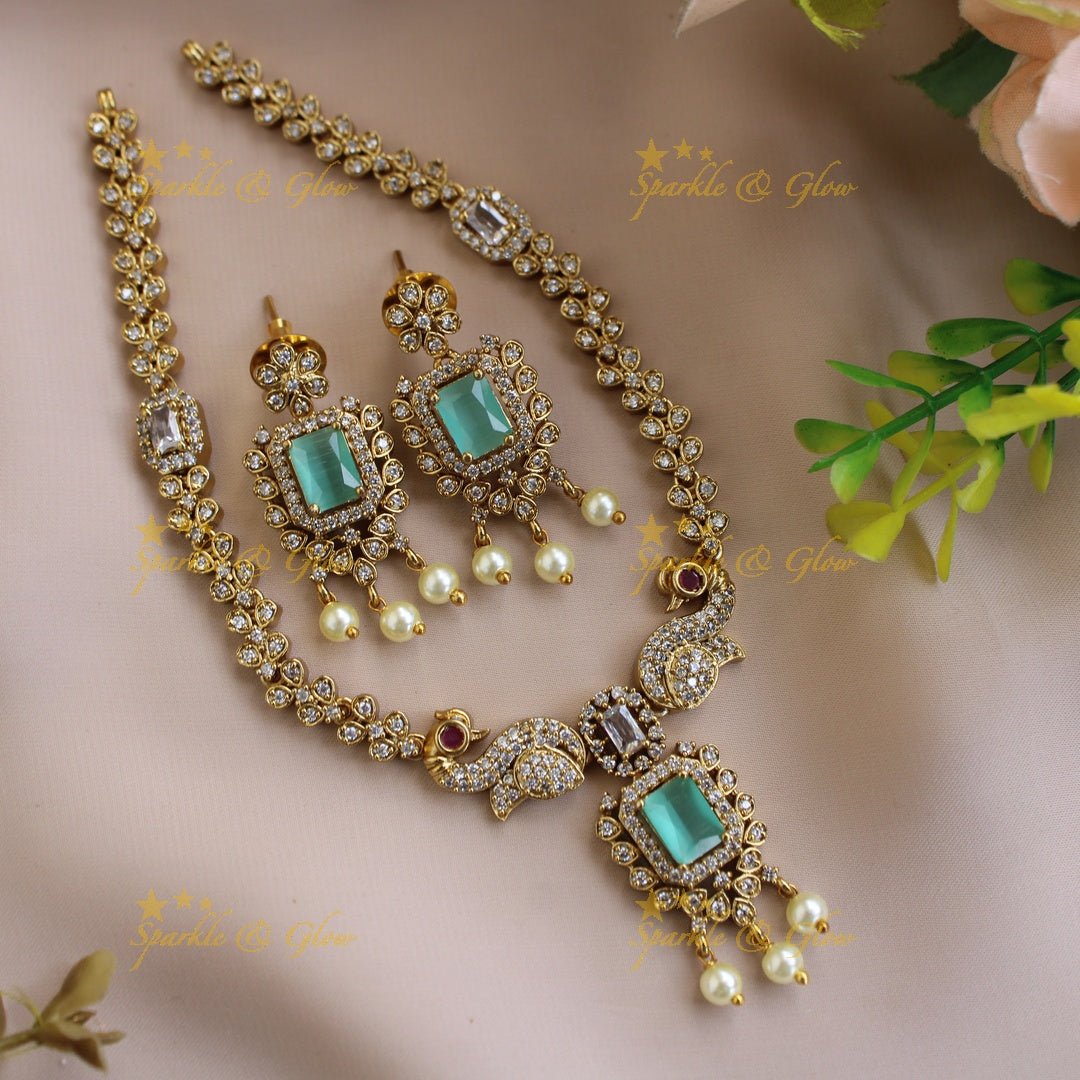 Statement Peacock floral design AD short necklace with pearl drops and baby pink stones - Sparkle and Glow - Purple - Back Thread