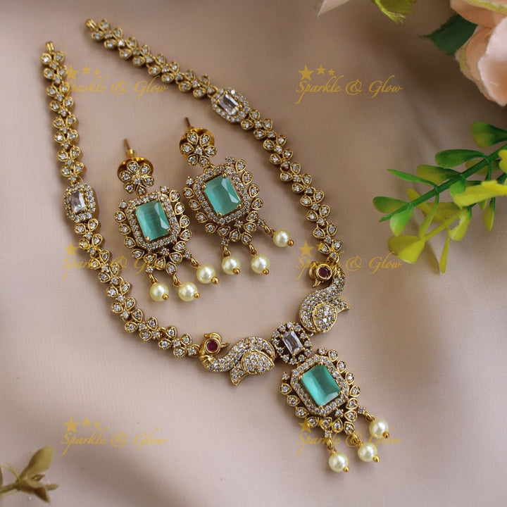 Statement Peacock floral design AD short necklace with pearl drops and baby pink stones - Sparkle and Glow - Purple - Back Thread