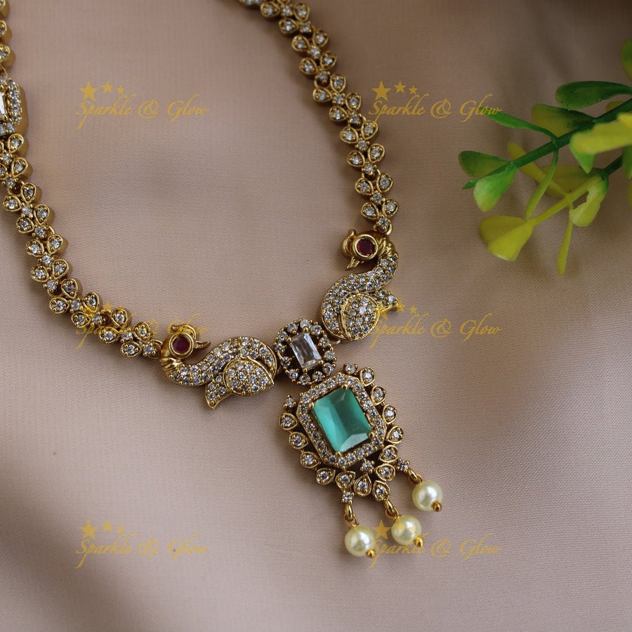 Statement Peacock floral design AD short necklace with pearl drops and baby pink stones - Sparkle and Glow - Babypink - Back Thread