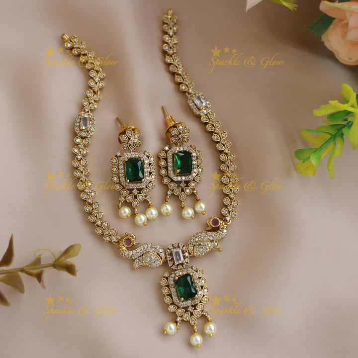 Statement Peacock floral design AD short necklace with pearl drops and baby pink stones - Sparkle and Glow - Green - Back Thread