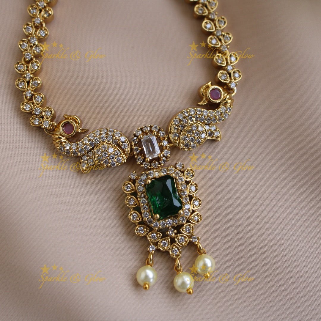 Statement Peacock floral design AD short necklace with pearl drops and baby pink stones - Sparkle and Glow - Babypink - Back Thread