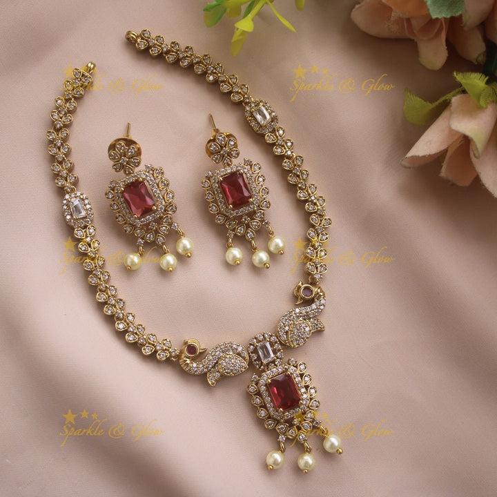Statement Peacock floral design AD short necklace with pearl drops and baby pink stones - Sparkle and Glow - Red - Back Thread