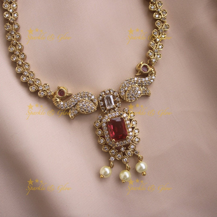 Statement Peacock floral design AD short necklace with pearl drops and baby pink stones - Sparkle and Glow - Purple - Back Thread