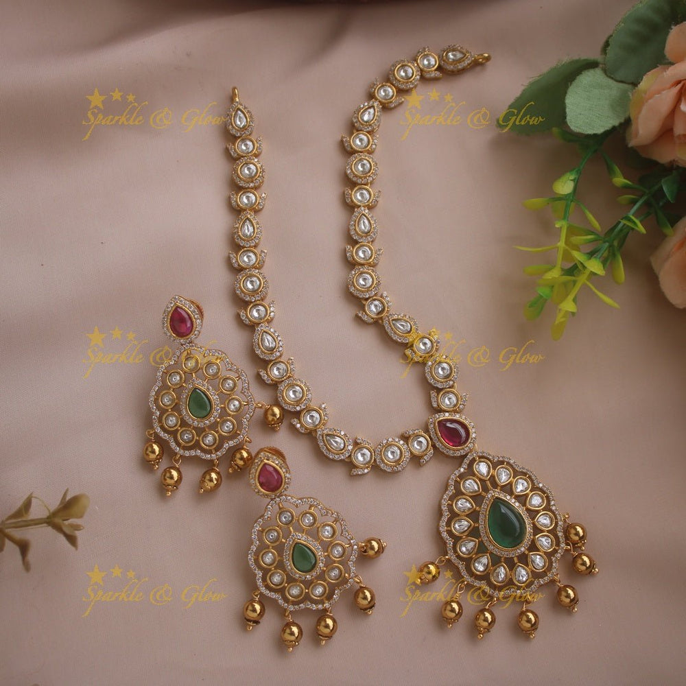 Beautiful Floral design AD short necklace with ruby emerald and gold beads - Sparkle and Glow - Redgreen - Back Thread