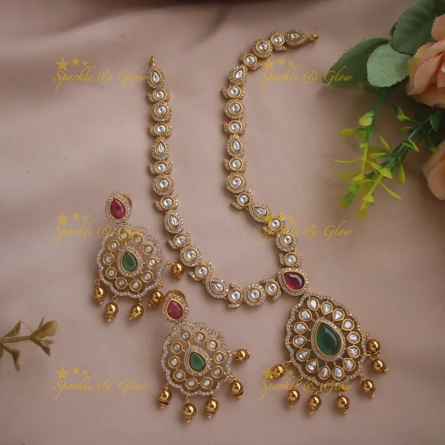 Beautiful Floral design AD short necklace with ruby emerald and gold beads - Sparkle and Glow