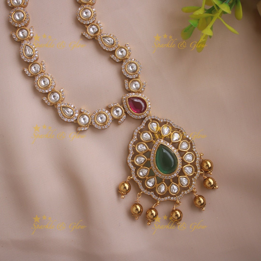 Beautiful Floral design AD short necklace with ruby emerald and gold beads - Sparkle and Glow - Redgreen - Back Thread