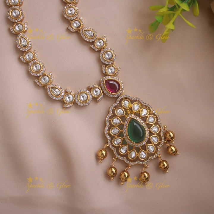 Beautiful Floral design AD short necklace with ruby emerald and gold beads - Sparkle and Glow - Redgreen - Back Thread