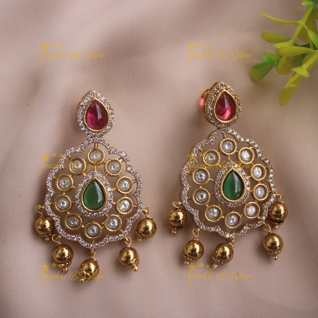 Beautiful Floral design AD short necklace with ruby emerald and gold beads - Sparkle and Glow - Redgreen - Back Thread