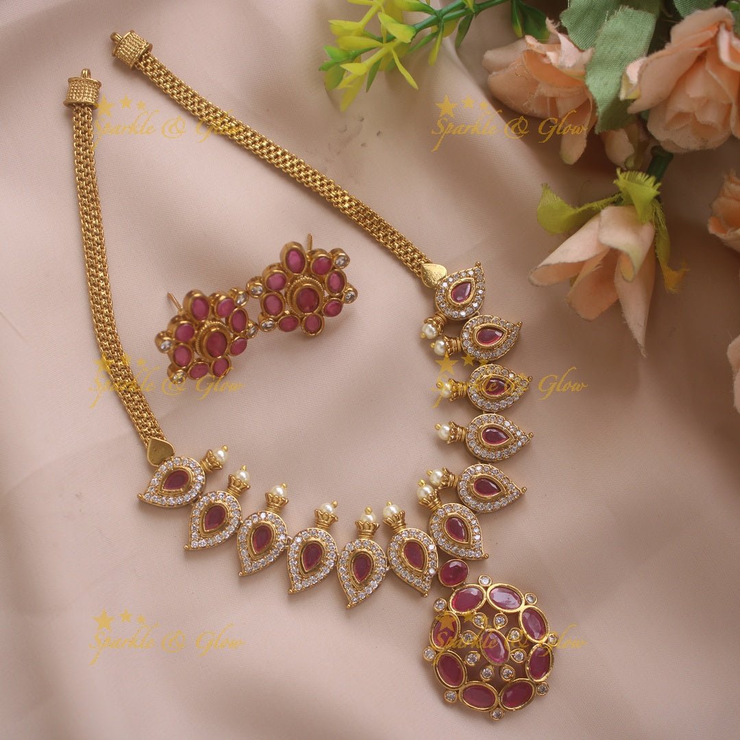 Stunning Floral mango design AD short necklace with ruby stones and pearls - pink - Sparkle and Glow - Green - Back Thread