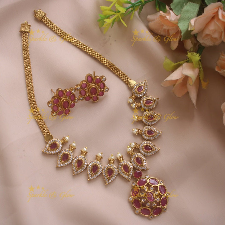 Stunning Floral mango design AD short necklace with ruby stones and pearls - pink - Sparkle and Glow - Green - Back Thread