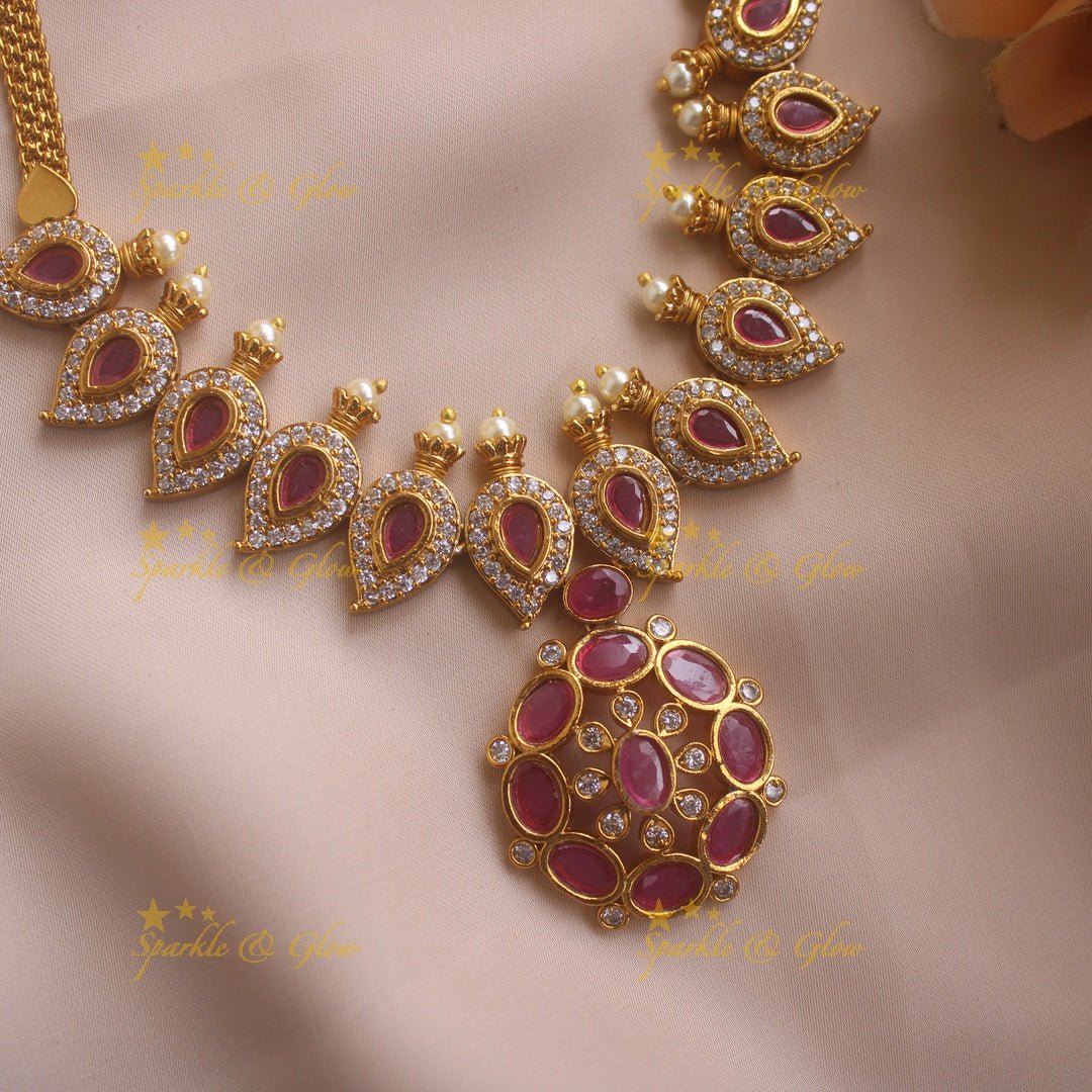 Stunning Floral mango design AD short necklace with ruby stones and pearls - pink - Sparkle and Glow - Green - Back Thread