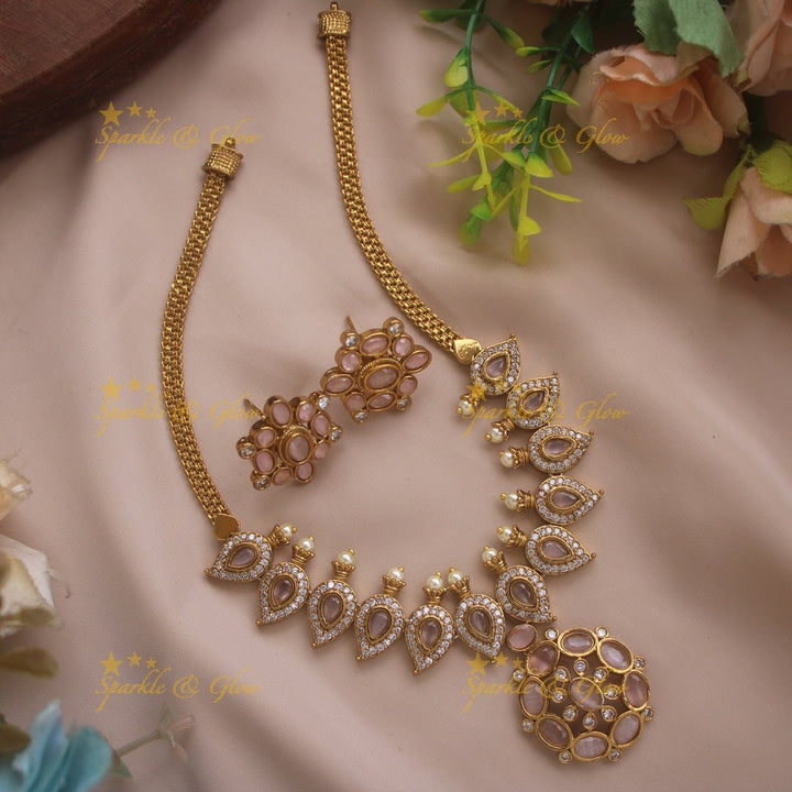 Stunning Floral mango design AD short necklace with ruby stones and pearls - pink - Sparkle and Glow - Green - Back Thread
