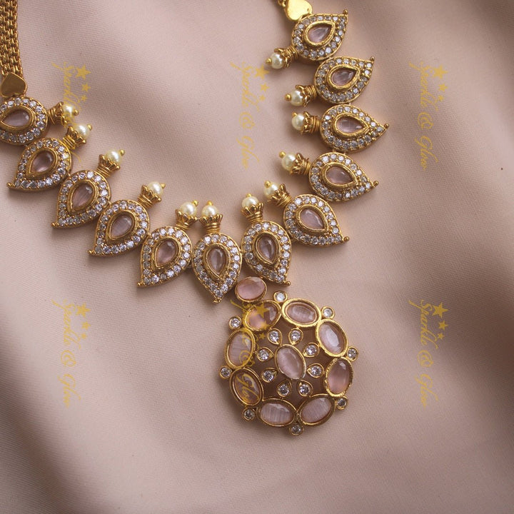 Stunning Floral mango design AD short necklace with ruby stones and pearls - pink - Sparkle and Glow - Green - Back Thread