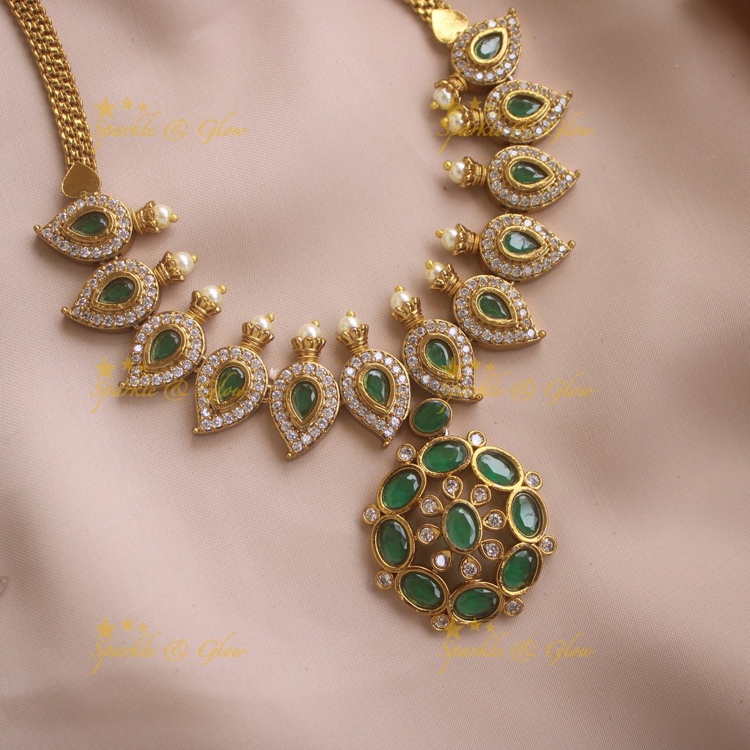 Stunning Floral mango design AD short necklace with ruby stones and pearls - pink - Sparkle and Glow - Green - Back Thread