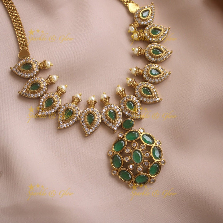 Stunning Floral mango design AD short necklace with ruby stones and pearls - pink - Sparkle and Glow - Green - Back Thread