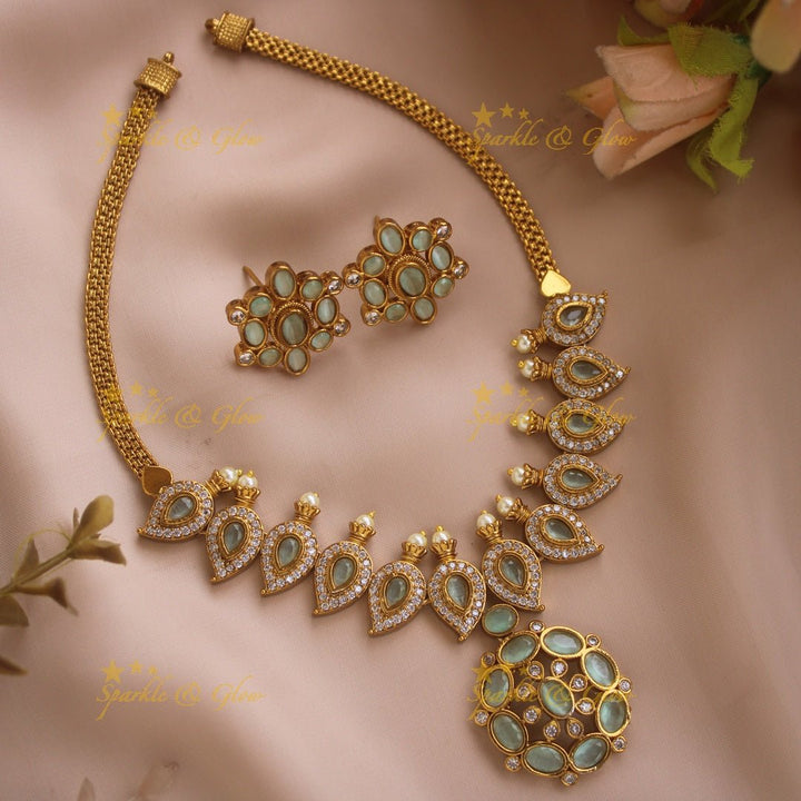 Stunning Floral mango design AD short necklace with ruby stones and pearls - pink - Sparkle and Glow - Green - Back Thread